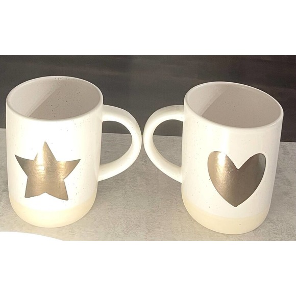 Cream & Speckled Mugs with Bronze Colored Star & Heart (Set of 2) - Picture 3 of 13